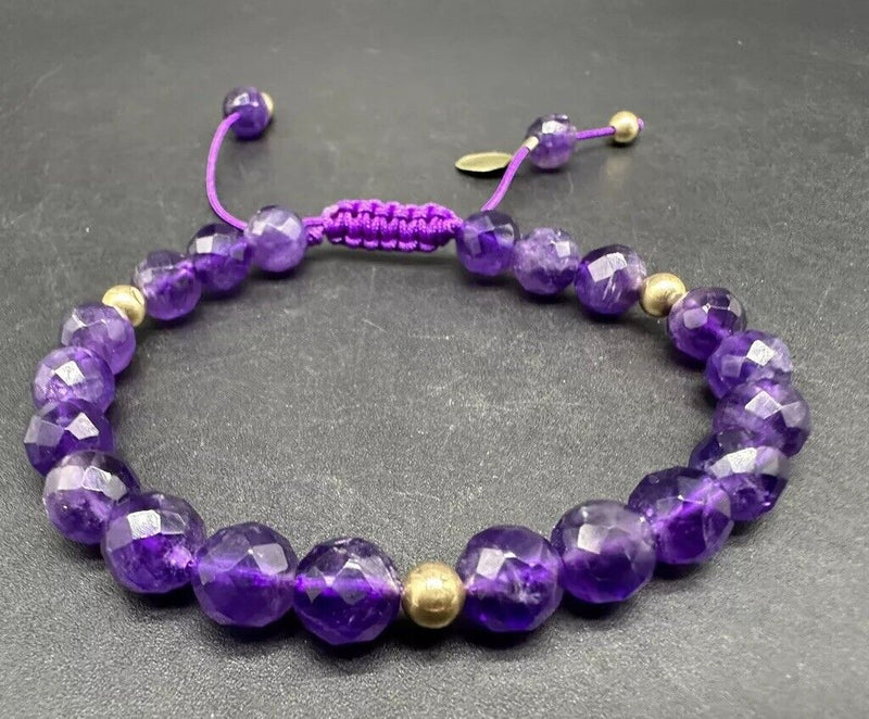 CID 10K Yellow Gold Bead Purple Amethyst Gemstone Bracelet Adjustable 6.75”