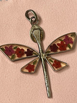 925 Sterling Silver Floral Flower Inlay Dragonfly Pendant 2.25”