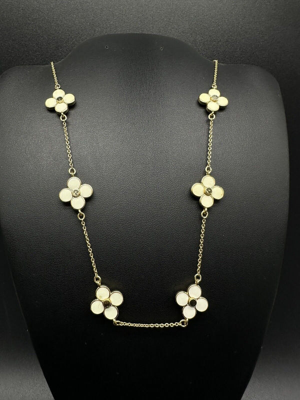Ann Taylor Necklace Gold Tone Long Chained Clover Flower w Rhinestones 18”