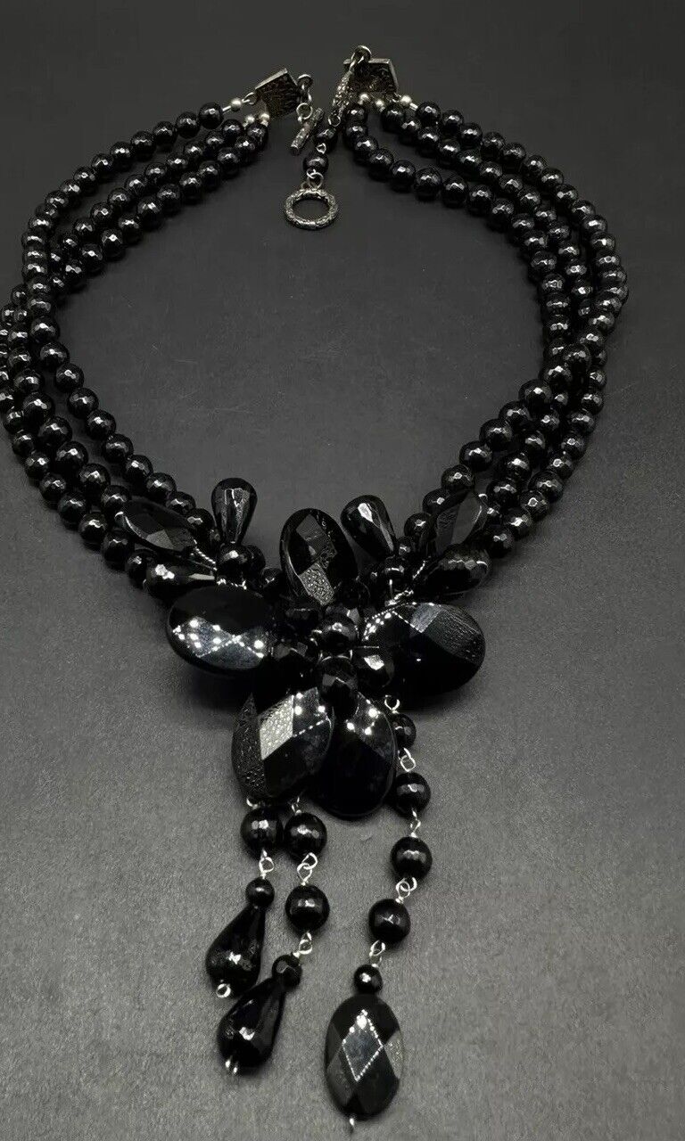 Vintage 925 Soms Beautiful Black Faceted Gemstone Necklace 17” ~Rare!