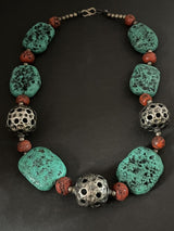 Tibetan Silver Coral/Turquoise Large Bead Necklace  (Heavy)