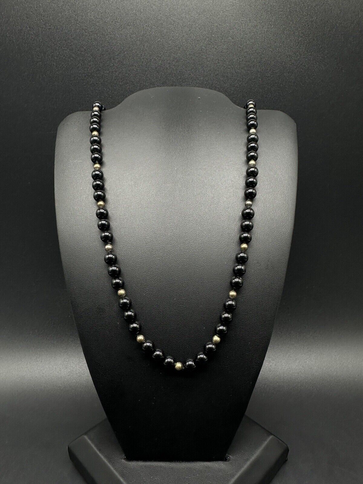 Sterling Silver Onyx Bead Necklace Knotted Vintage 20”