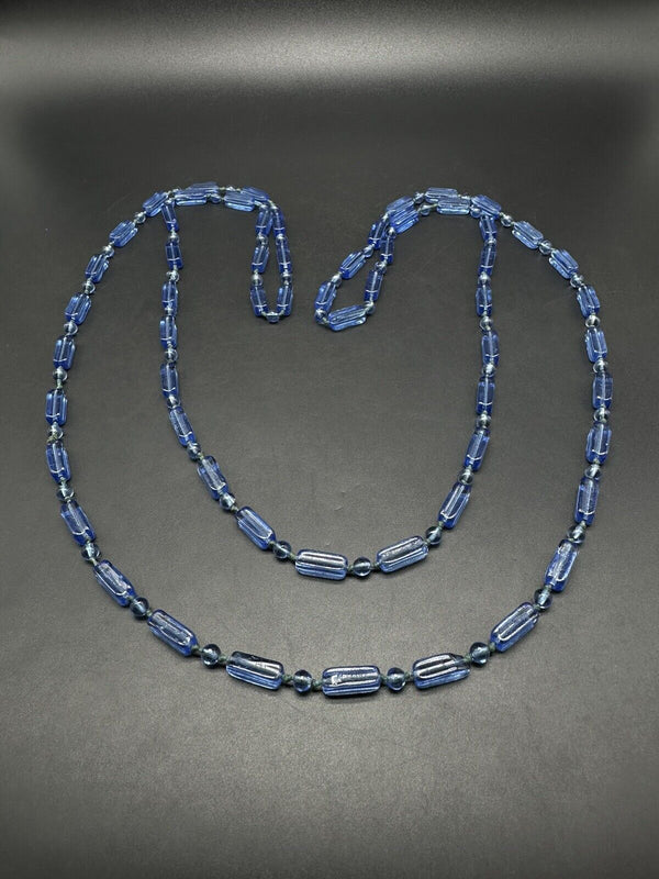 Vintage BLUE Czech GLASS Knotted BEAD Necklace 56”