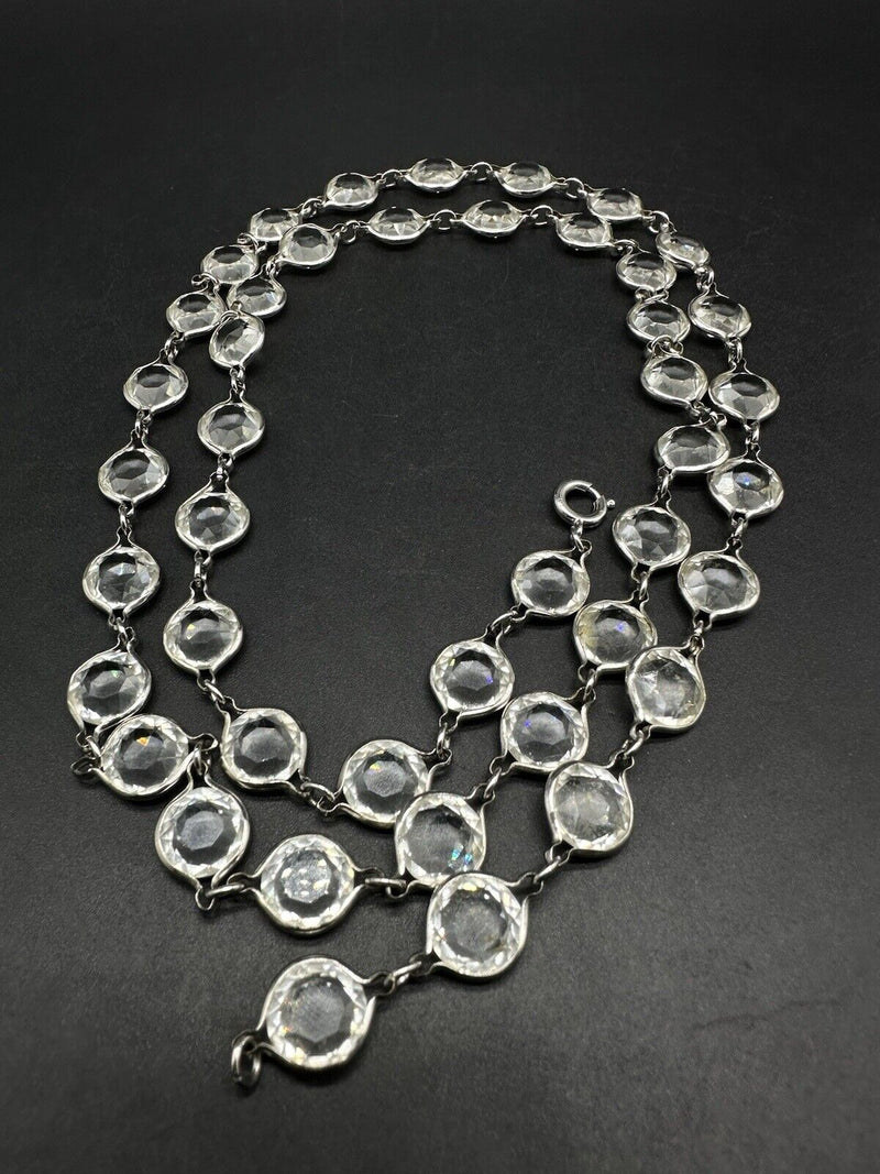 Vintage Silver Tone Crystal Bezel Germany Necklace 36”