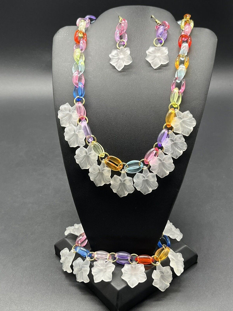 Fun Acrylic Statement Necklace Bracelet & Earrings Handmade Jewelry Set 15”