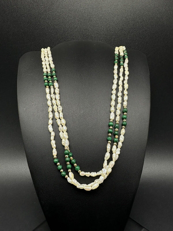 Vintage Estate 24” 3 Strand Rice Pearls Malachite Bead Necklace