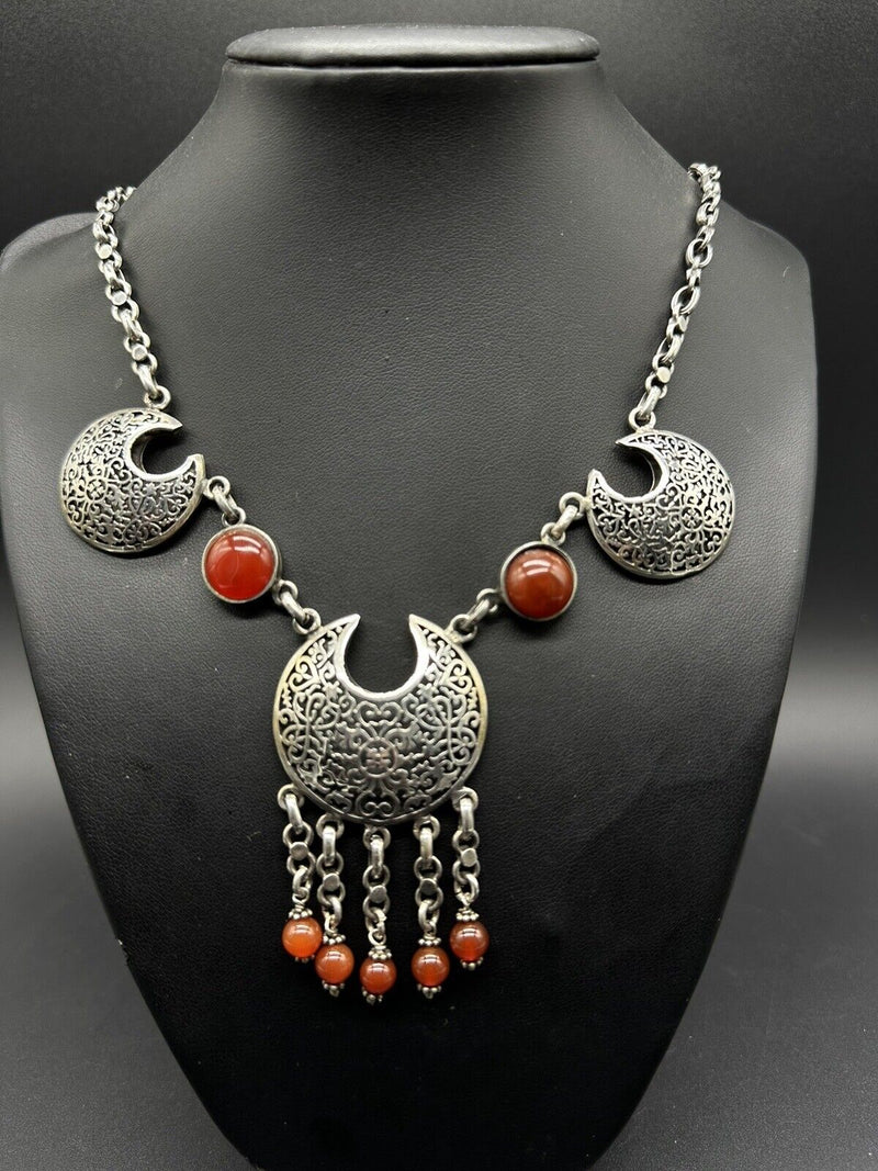 19” Sterling Silver Tribal Ethnic Carnelian Statement Necklace 19" Long