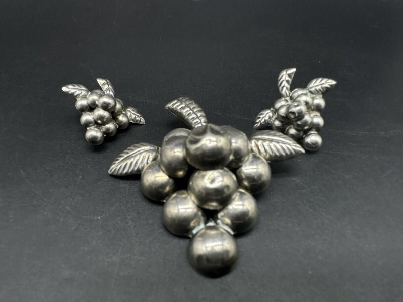 Vintage Mexico Taxco Sterling Silver Grapes Brooch & Earrings~Few Dents Present