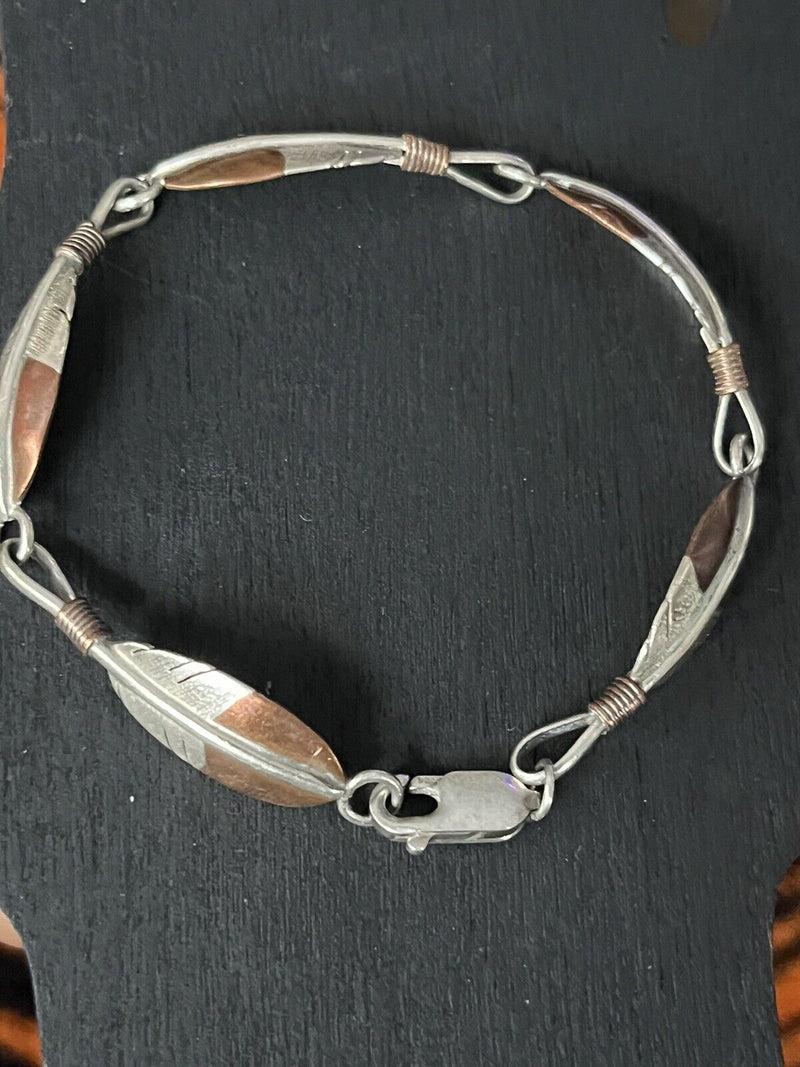 Clemens Handmade Southwest Copper Sterling Silver Panel Link Bracelet 6.5"