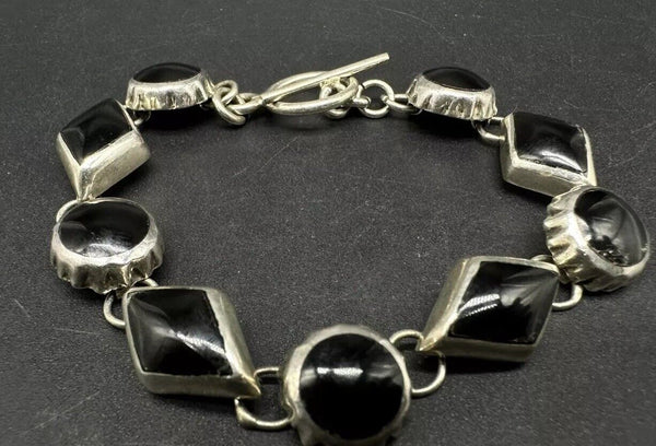 Sterling Silver Mexico Black Enamel Onyx Link Bracelet  29Grams~ 6.75”