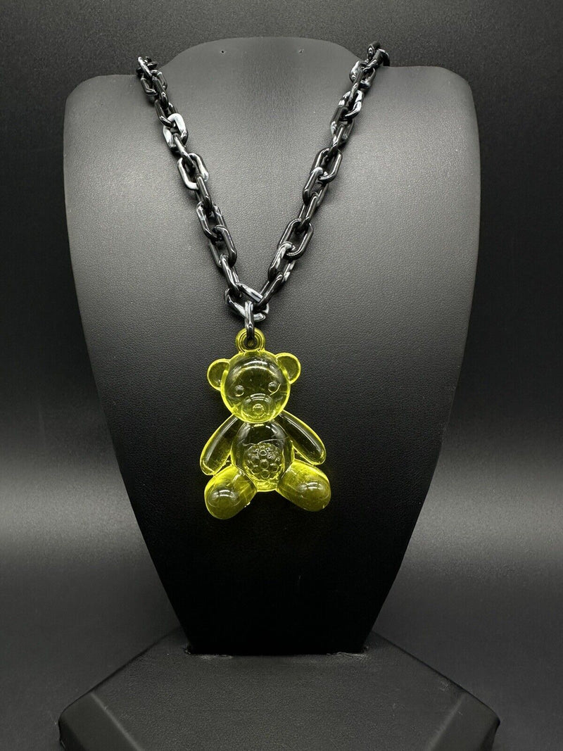 Acrylic Cable Link Chain Crystal Yellow Bear Pendant Necklace 17” Long Black