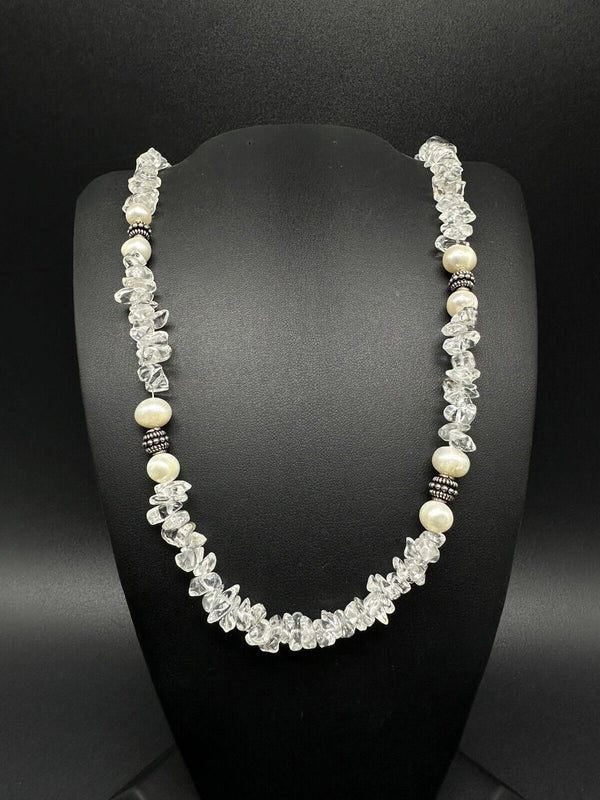 Clear Crystal Quartz Nugget Chip Pearl Necklace 22”