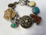 Vintage Carved Stone Link Bracelet w/Buddha Flower, Scarab, Turtle, Kachina 7”