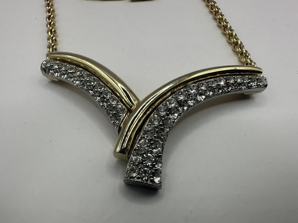 Vintage Gold Tone Chain V Shape Rhinestone Necklace 17”