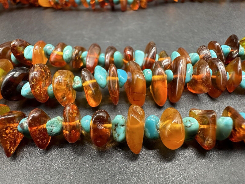 Sterling Silver 3Strnd Amber & Turquoise Necklace 20”