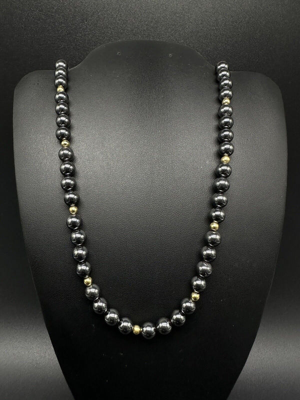 14K YELLOW GOLD FISHHOOK 87mm GENUINE HEMATITE BEAD NECKLACE 17” LENGTH