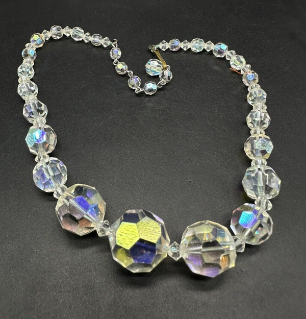 Vintage Aurora Borealis Crystal Necklace Clear Glass Checkerboard Cut Choker 16”