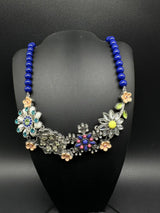 LIA SOPHIA SILVER-TONE BLUE BEAD NECKLACE FLOWER ACRYLIC RHINESTONE PENDANT