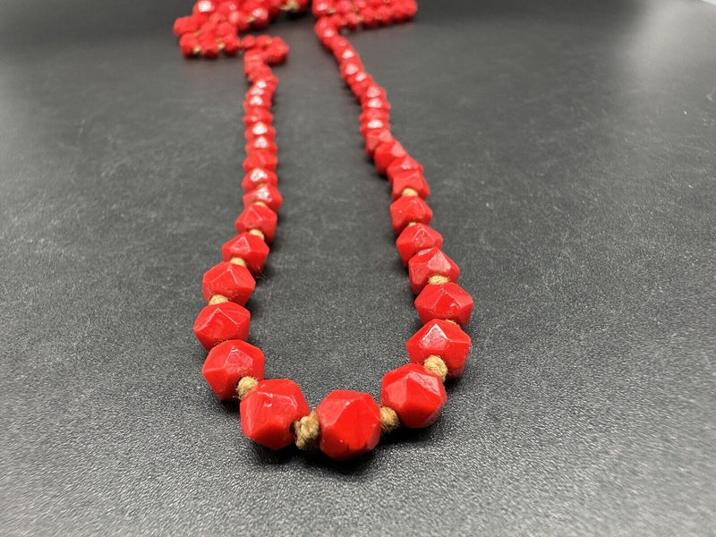 Vintage Red Glass Necklace Art Deco Faceted Beads 32” Long Single Strand Antique