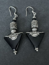 Vintage Sterling Silver Black Tourmaline Dangling Drop Earrings 2.5”