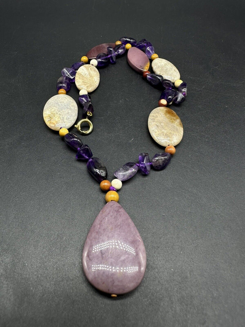 Amethyst Statement Gemstone Pendant Beaded Necklace 18”