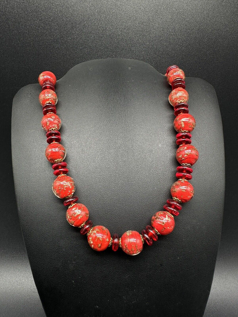 Red Foil Art Glass Beaded Necklace 22”+5