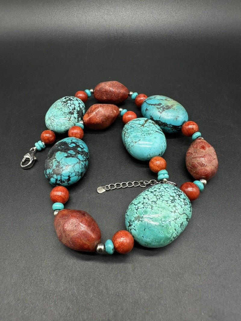 925 Sterling Silver Chunky Turquoise and Apple Coral Bead Necklace 20”