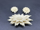 Vintage Celluloid White Layered Flower Carved Brooch & Earrings Set