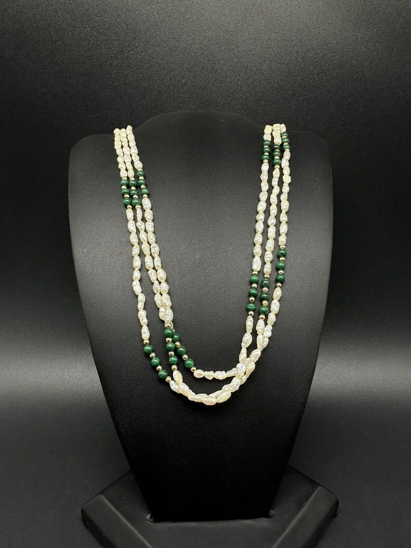 Vintage Estate 24” 3 Strand Rice Pearls Malachite Bead Necklace