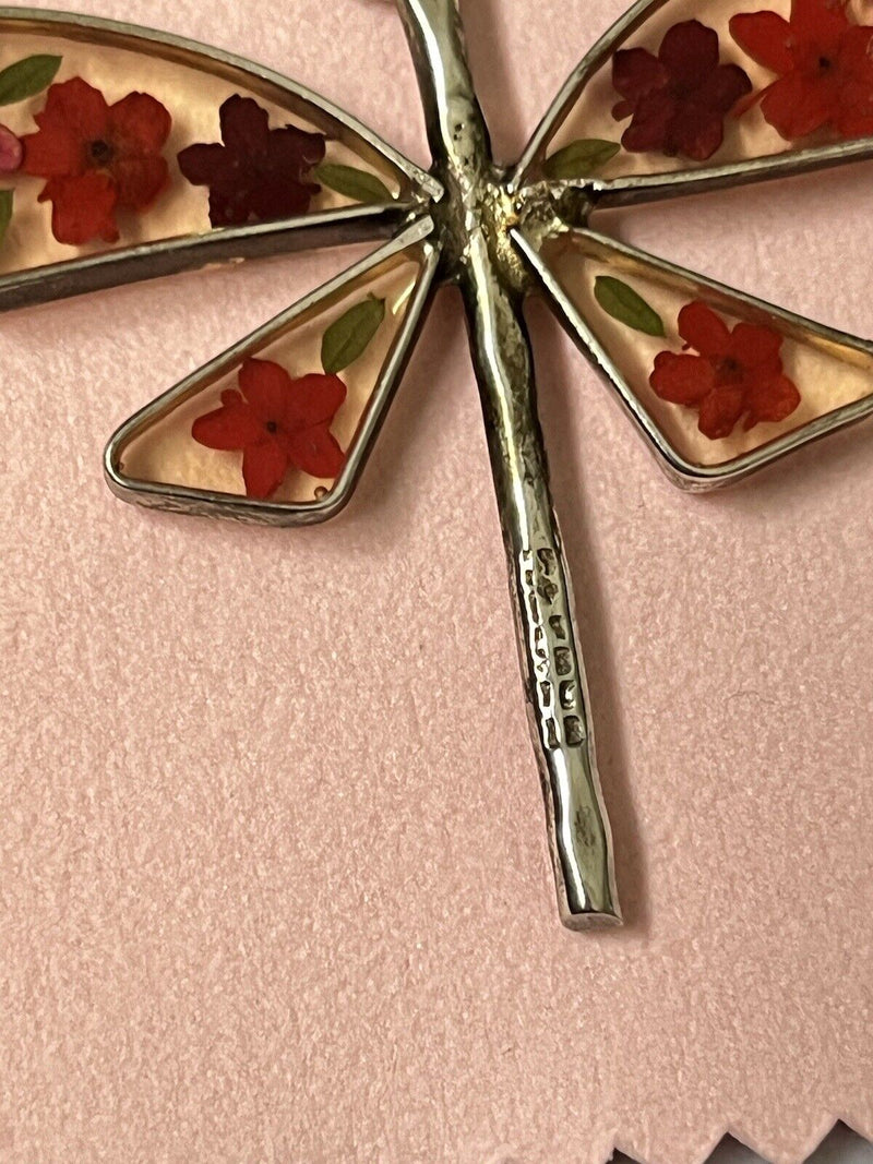 925 Sterling Silver Floral Flower Inlay Dragonfly Pendant 2.25”