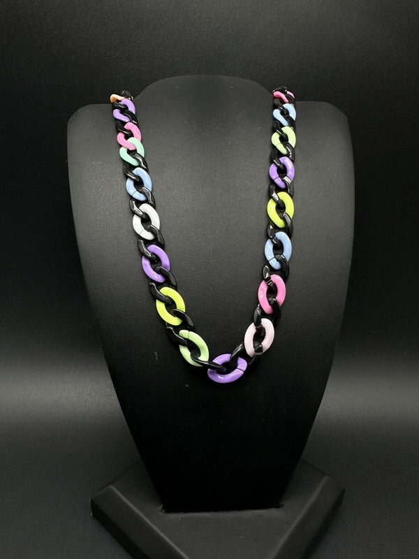 Colorful Acrylic Resin Plastic Curb Statement Link Necklace Multi Color 18”