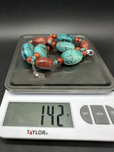 925 Sterling Silver Chunky Turquoise and Apple Coral Bead Necklace 20”