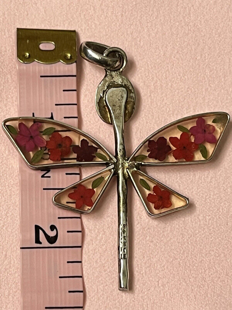 925 Sterling Silver Floral Flower Inlay Dragonfly Pendant 2.25”