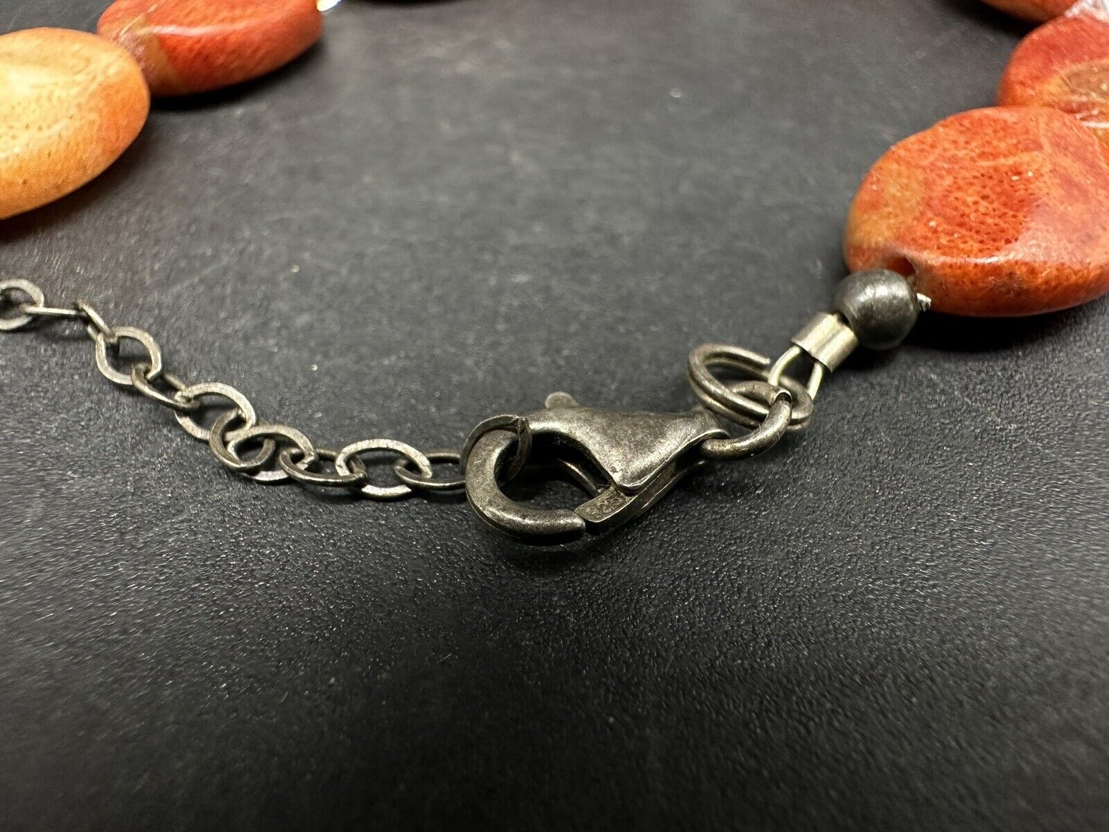 Orange Sponge Coral Sterling Silver Beaded Bracelet With Extender 15Gs