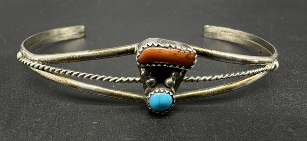 Old Navajo Coral Turquoise Sterling Silver Cuff Bracelet 7"