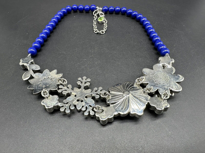 LIA SOPHIA SILVER-TONE BLUE BEAD NECKLACE FLOWER ACRYLIC RHINESTONE PENDANT