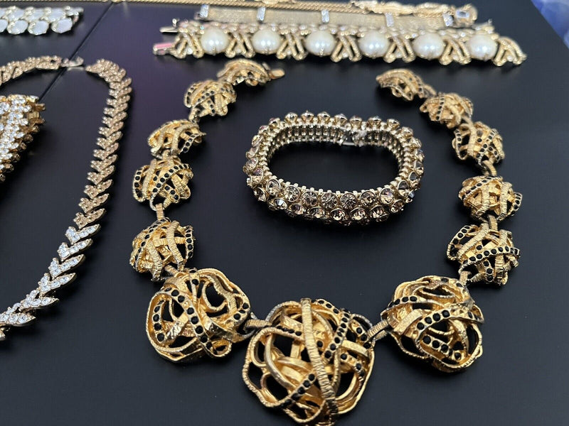 Vintage GOLD-TONE Rhinestone Runway Hi End Jewelry Lot Of 10