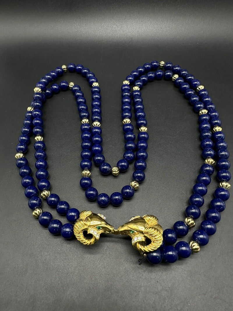 KJL Kenneth Jay Lane for Avon Ram Necklace Navy Blue Beads 30"