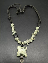 Leather  Polished Carved Stone Necklace 18”