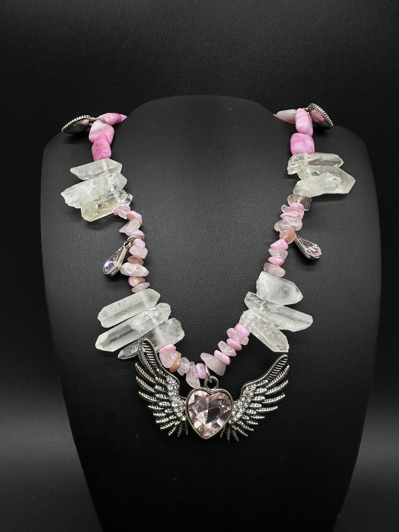 Pink Heart & Wings Crystal Bead Choker Necklace 15”