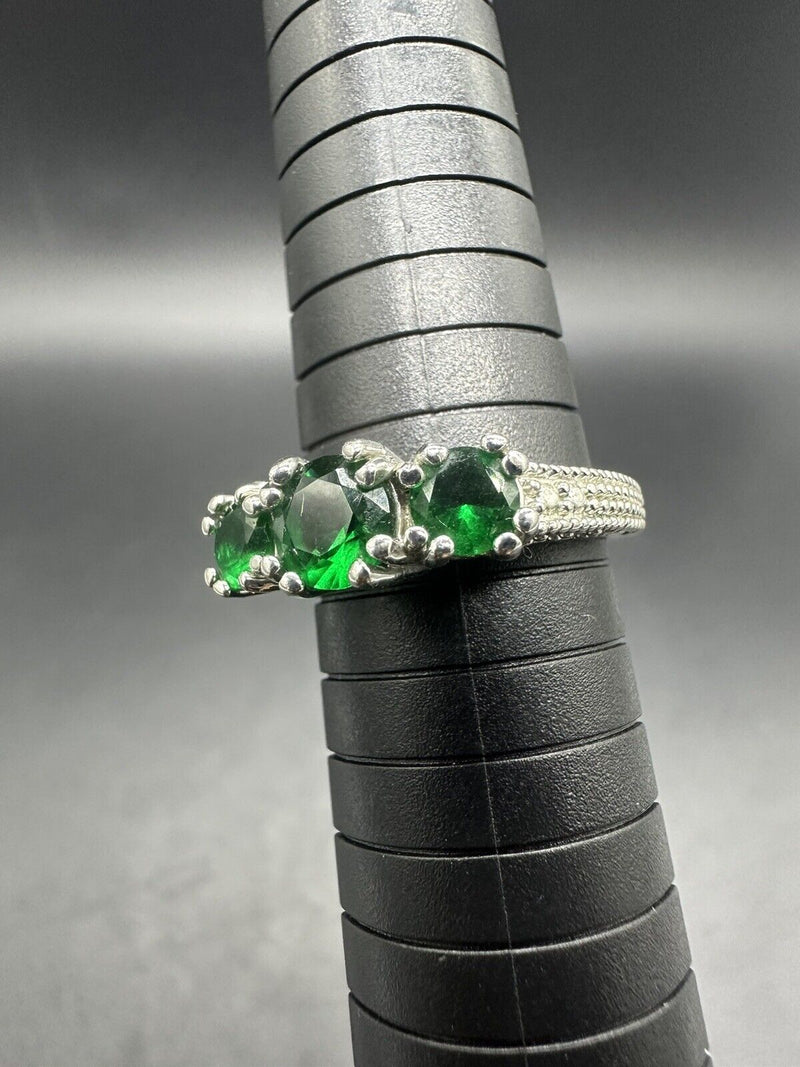 Vintage Sterling Silver Green Glass Rhinestone Statement Ladies Ring