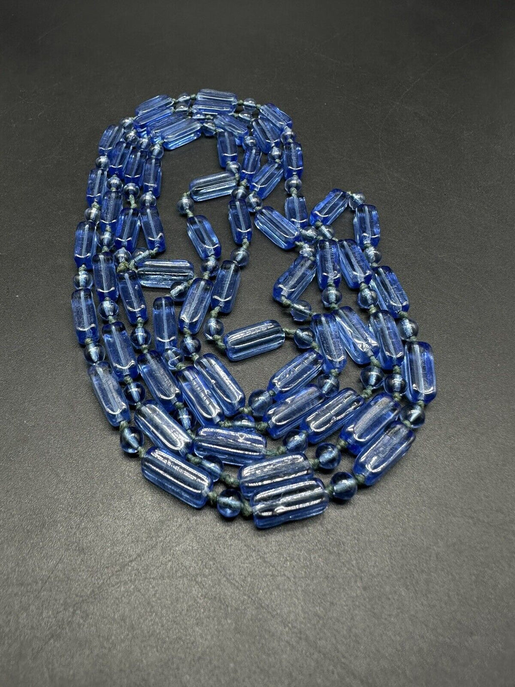 Vintage BLUE Czech GLASS Knotted BEAD Necklace 56”