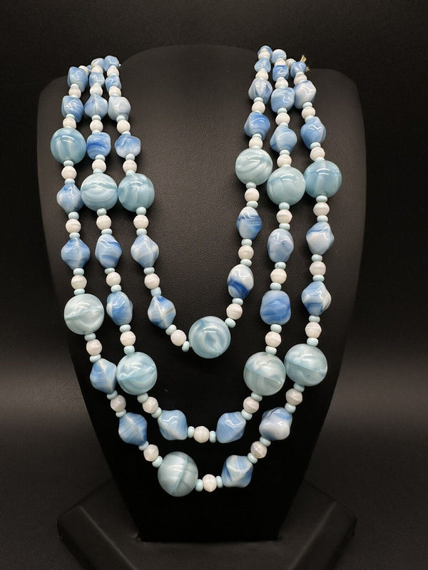 Vintage Satin Blue Glass Bead Multi Strand Necklace 15”