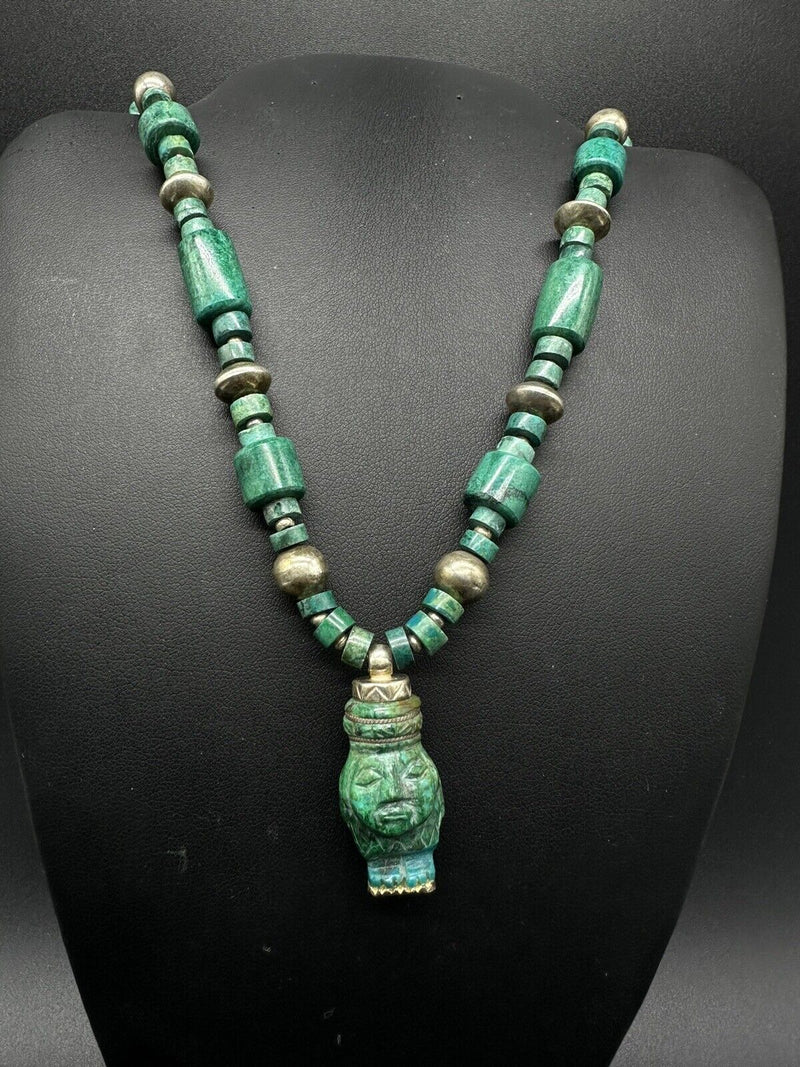 Vintage Carved Malachite Aztec? Sterling Silver Gemstone Bead Necklace 59g 20”