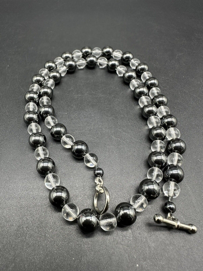 VINTAGE HEMATITE Crystal Bead NECKLACE ESTATE STERLING CLASP 18” 55Gs