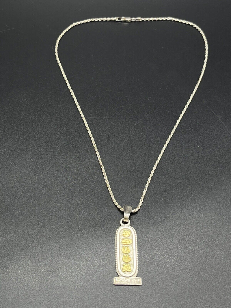 Vtg Sterling Silver with 18k Gold Vermeil Oro Maya Cartouche Pendant Necklace