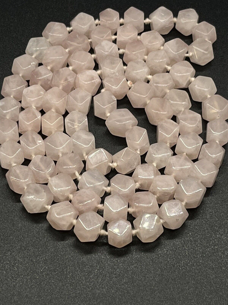 Vintage Pink Rose Quartz Hexagon Knotted Bead Necklace 34" Long