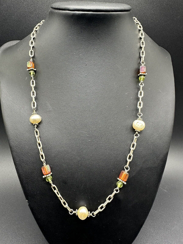 Vintage 925 Sterling Multicolor Glass Beads Pearl Chain Necklace Women 19”