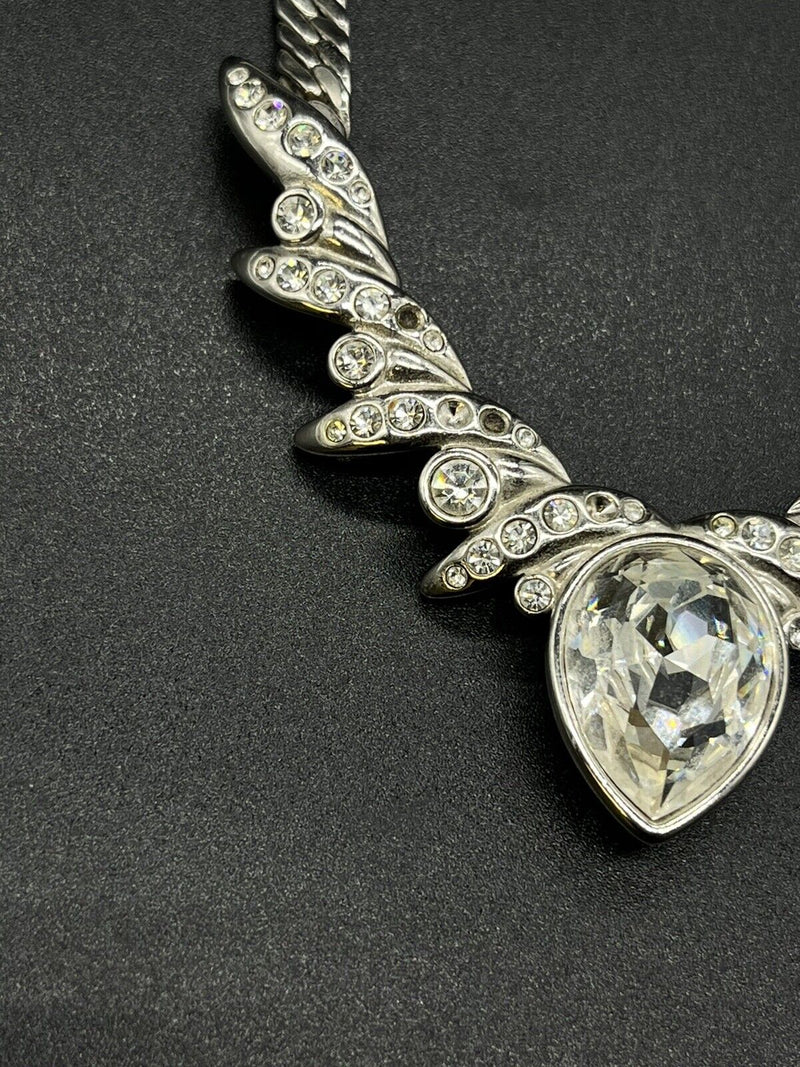 Vintage Signed Monet Herringbone Silver Tone Clear Rhinestone Necklace 16”
