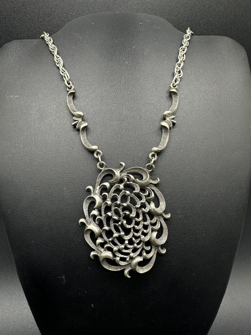 Elaborate pewter pendant necklace on chain 17”